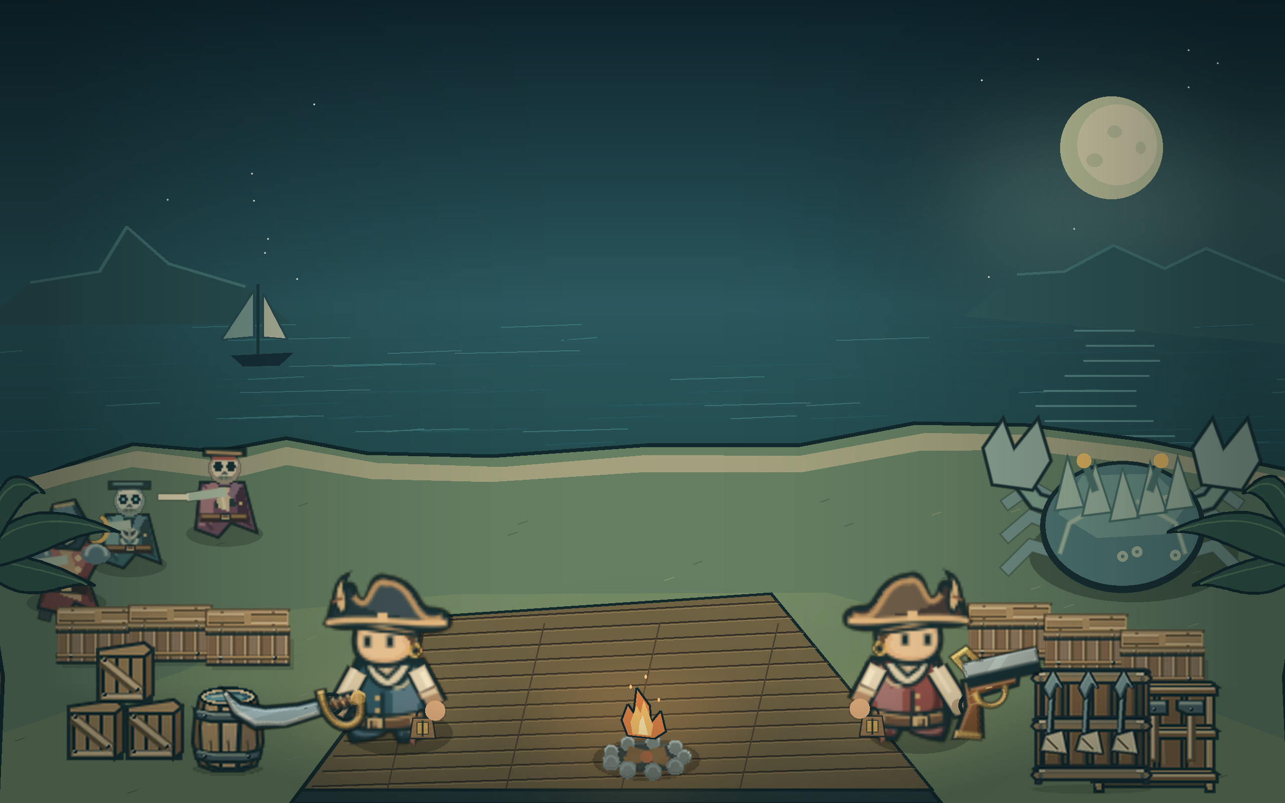 Two PirateCraft pirates defend an island base in the game’s illustrated art style
